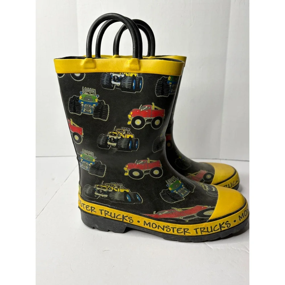 Splashers Kids Monster Trucks Black Yellow Rubber‎ Rain Boots Size 3 Pull On